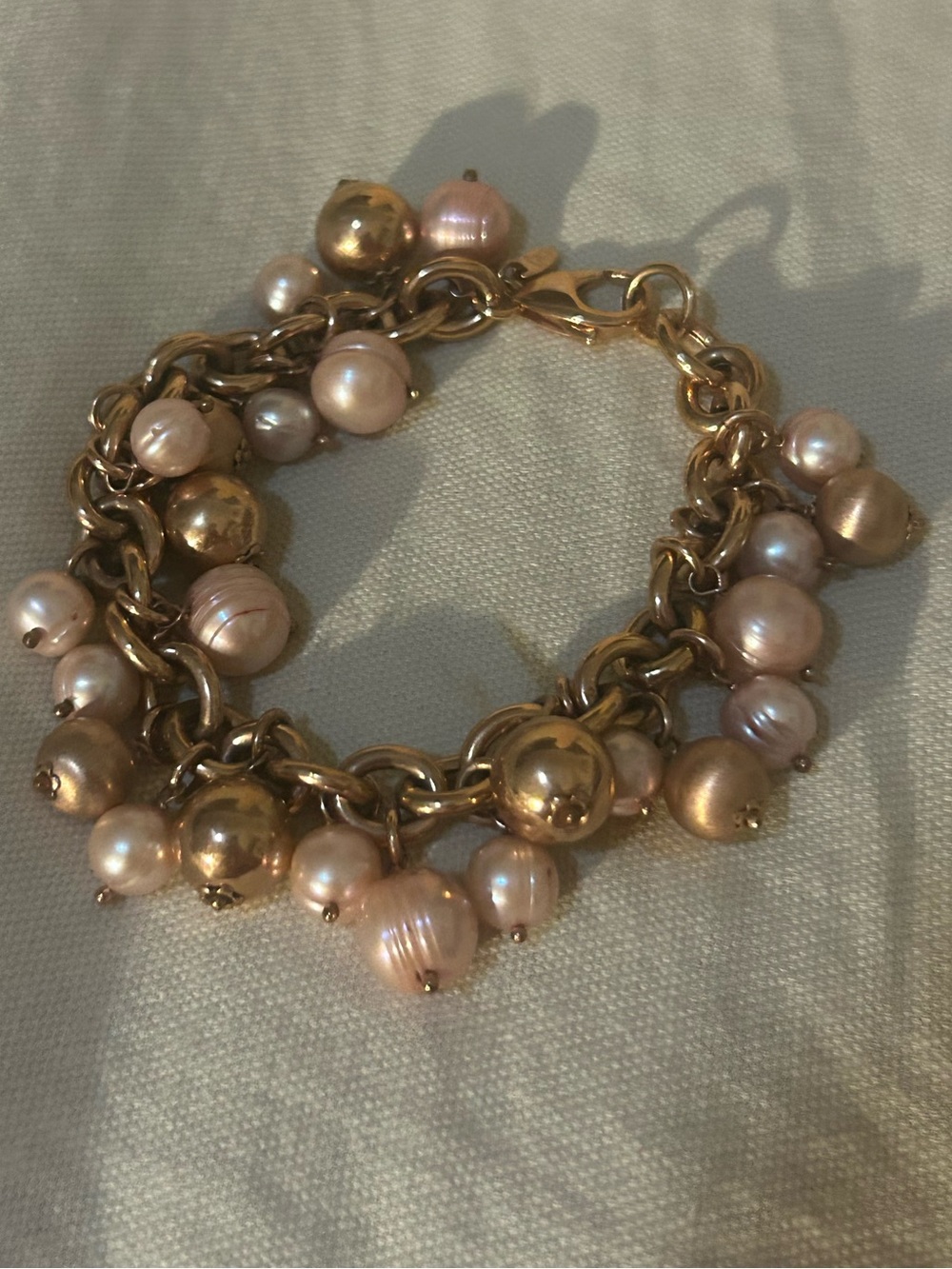 Vintage Honora Pink Pearl Bronze Bead Link Bracelet Toggle 7.5"
